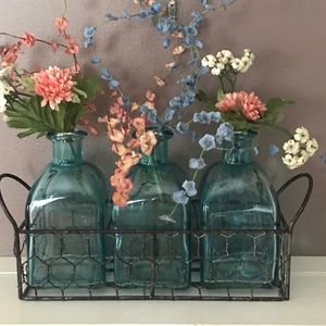 Blue Glass Flower Bottles in Wire Basket